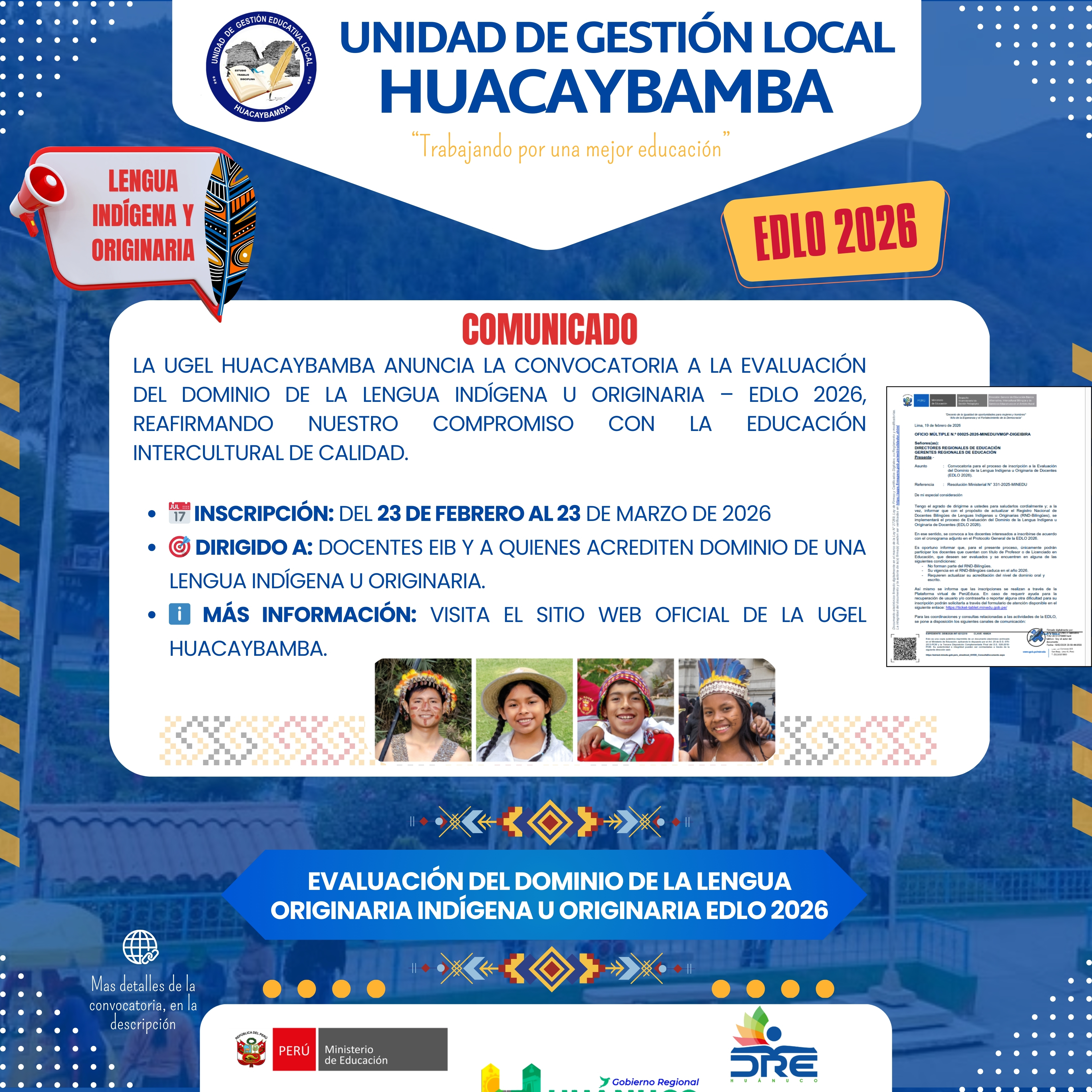 EVALUACIÓN DEL DOMINIO DE LA LENGUA ORIGINARIA INDÍGENA U ORIGINARIA EDLO 2026